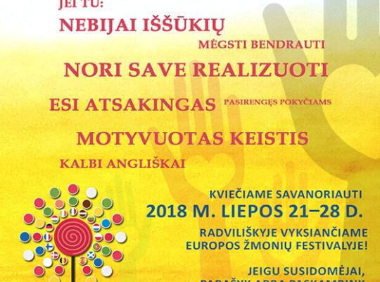 Kviečiame savanoriauti Europos žmonių festivalyje Radviliškyje liepos 21–28 dienomis