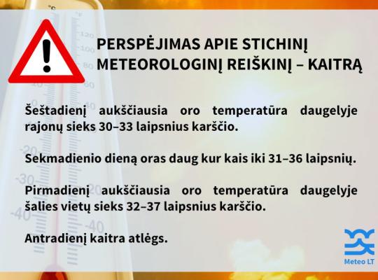 2026-06-26 | Lietuvos hidrometeorologijos tarnyba (Meteo LT) perspėja apie artimiausiomis dienomis numatomą stichinį meteorologinį reiškinį – kaitrą